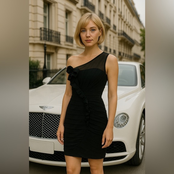 Max & Cleo Black Asymmetrical Ruched Cocktail Dress, black dress size 6 - Picture 1 of 12